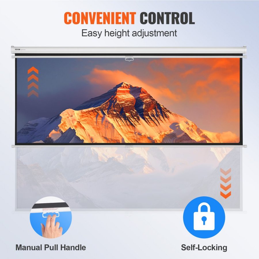 VEVOR Manual Pull Down Projector Screen, 100 inch 16:9 4K 1080 HD Retractable Projector Screen, Auto-Locking Portable Projection Screen, Portable Projector Movie Screen for Family Home Office Theater