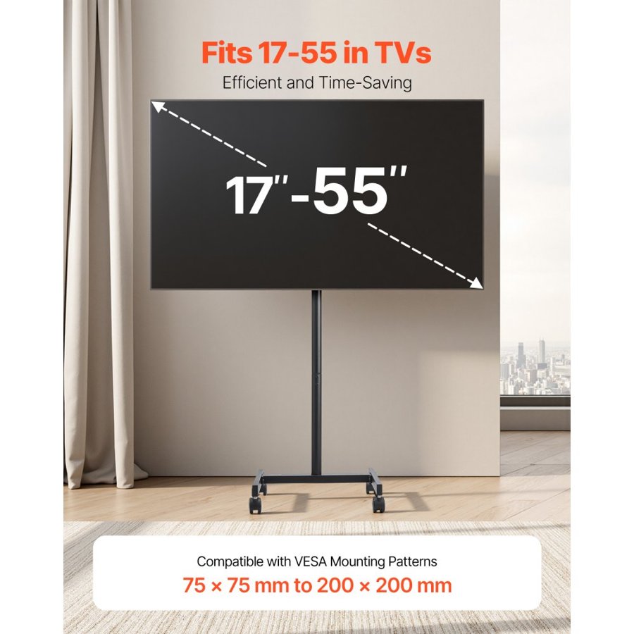 VEVOR Adjustable Rolling TV Stand – 17-55 in, 44 lb Cap