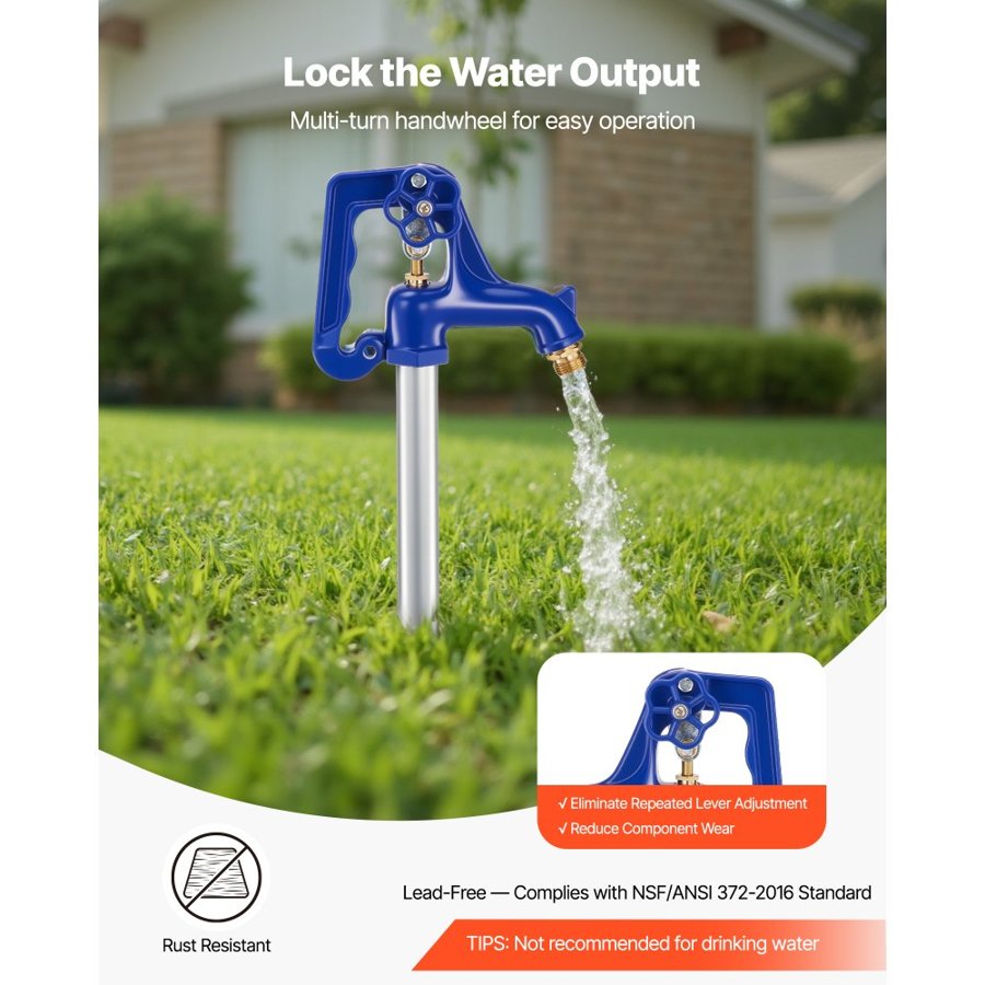 VEVOR Frost Proof Yard Hydrant, 1595mm Freeze-Proof Outdoor Faucet with 914.4mm Bury Depth, G 3/4" Pipe Connection, Lever Handle + Handwheel, No Lead Freezeless Hydrant for Yard Garden Farm Irrigation
