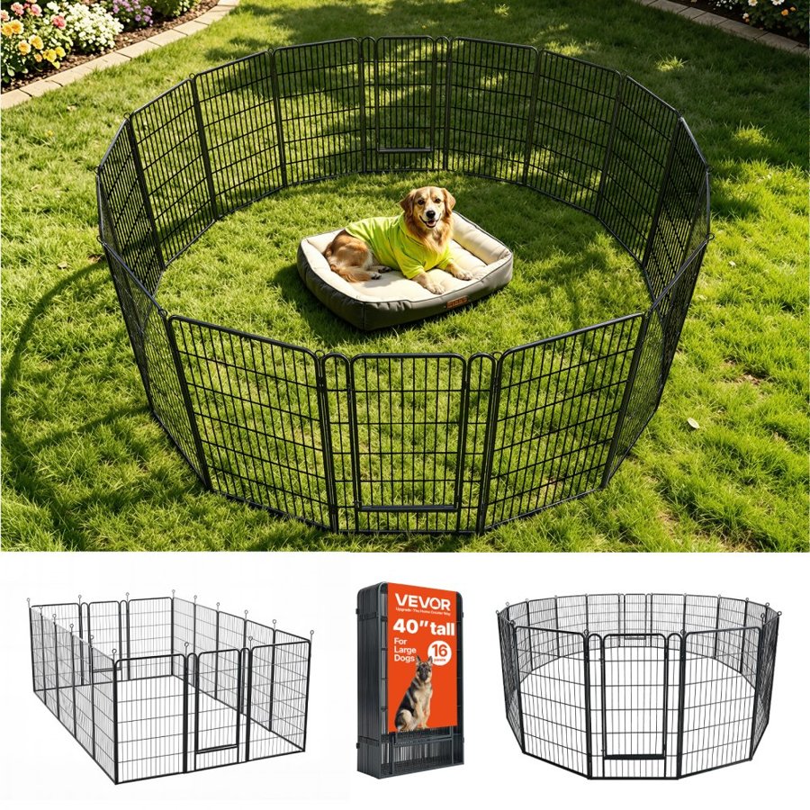 VEVOR Dog Playpen 102 cm 16 Panels Foldable Metal Exercise Pen Pet Fence, Indoor/Outdoor Heavy Duty Puppy Crate Kennel with Door for Large/Small Dogs and Cats, Portable for RV Camping, Yard, Black