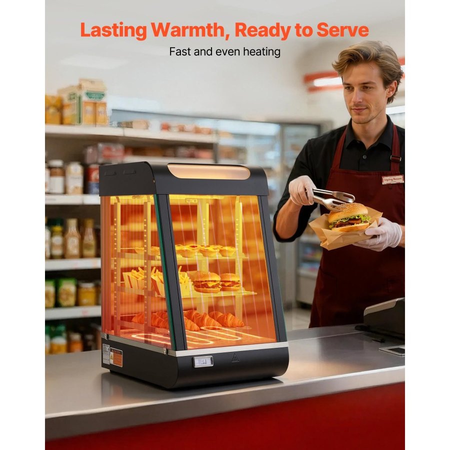 VEVOR 3-Tier Commercial Food Warmer Display, 800W Food Display Warmer with LED Light, Top Storage and Adjustable Shelves, 30–85°C Steam Heating, 60 Qt /57L for Hamburger, Pizza, Bread, Fried Chicken
