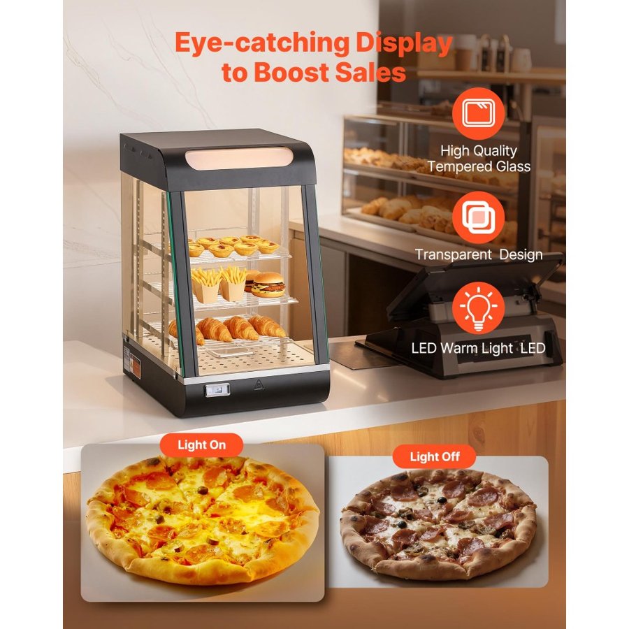 VEVOR 3-Tier Commercial Food Warmer Display, 800W Food Display Warmer with LED Light, Top Storage and Adjustable Shelves, 30–85°C Steam Heating, 60 Qt /57L for Hamburger, Pizza, Bread, Fried Chicken