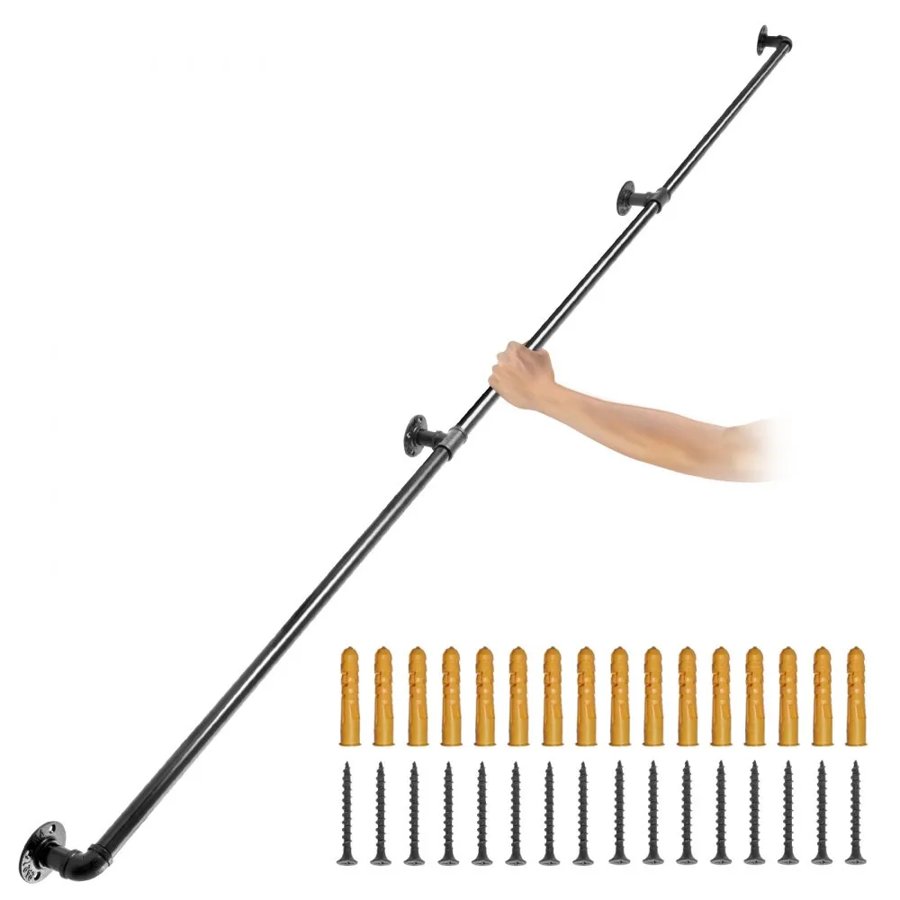 VEVOR Pipe Stair Handrail, 304.8 cm Staircase Handrail, 199.6 kg Load Capacity Carbon Steel Pipe Handrail, Industrial Pipe Handrail with Wall Mount Support, Round Corner Wall Handrailing for Indoor, Outdoor