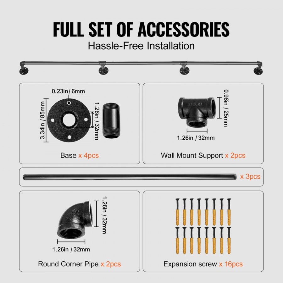 VEVOR Pipe Stair Handrail, 335.3 cm Staircase Handrail, 199.6 kg Load Capacity Carbon Steel Pipe Handrail, Industrial Pipe Handrail with Wall Mount Support, Round Corner Wall Handrailing for Indoor, Outdoor