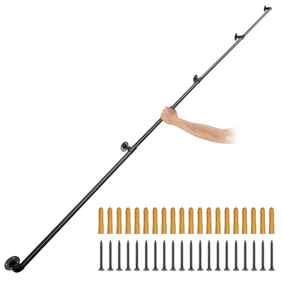 VEVOR Pipe Stair Handrail, 396.2 cm Staircase Handrail, 199.6 kg Load Capacity Carbon Steel Pipe Handrail, Industrial Pipe Handrail with Wall Mount Support, Round Corner Wall Handrailing for Indoor, Outdoor