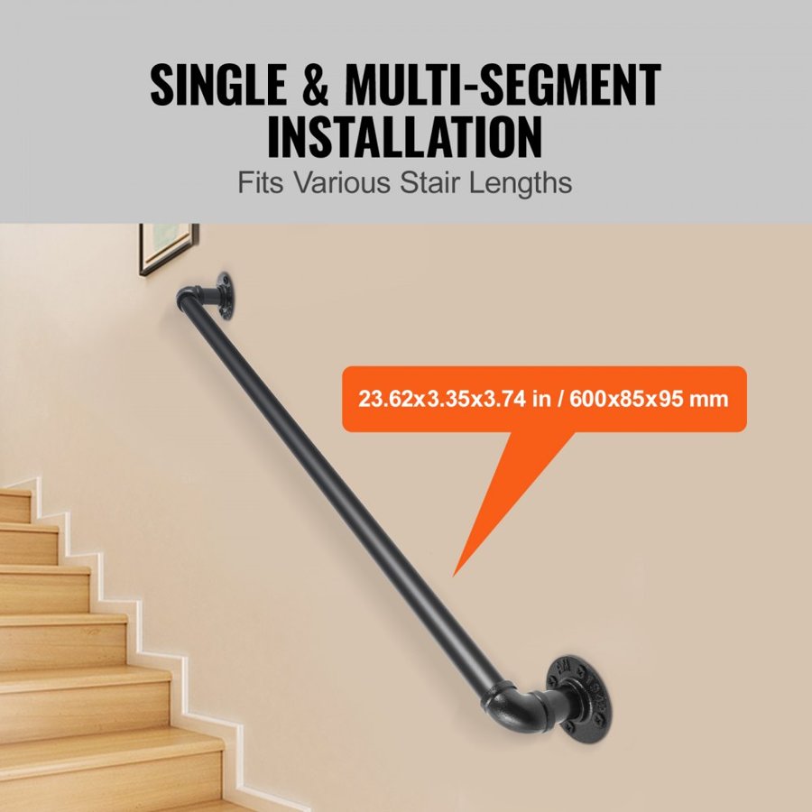 VEVOR Pipe Stair Handrail Staircase Handrail 61 cm Carbon Steel for Wall Mount