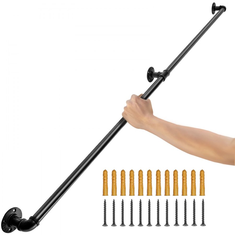 VEVOR Pipe Stair Handrail, 152.4 cm Staircase Handrail, 199.6 kg Load Capacity Carbon Steel Pipe Handrail, Industrial Pipe Handrail with Wall Mount Support, Round Corner Wall Handrailings for Indoor, Outdoor