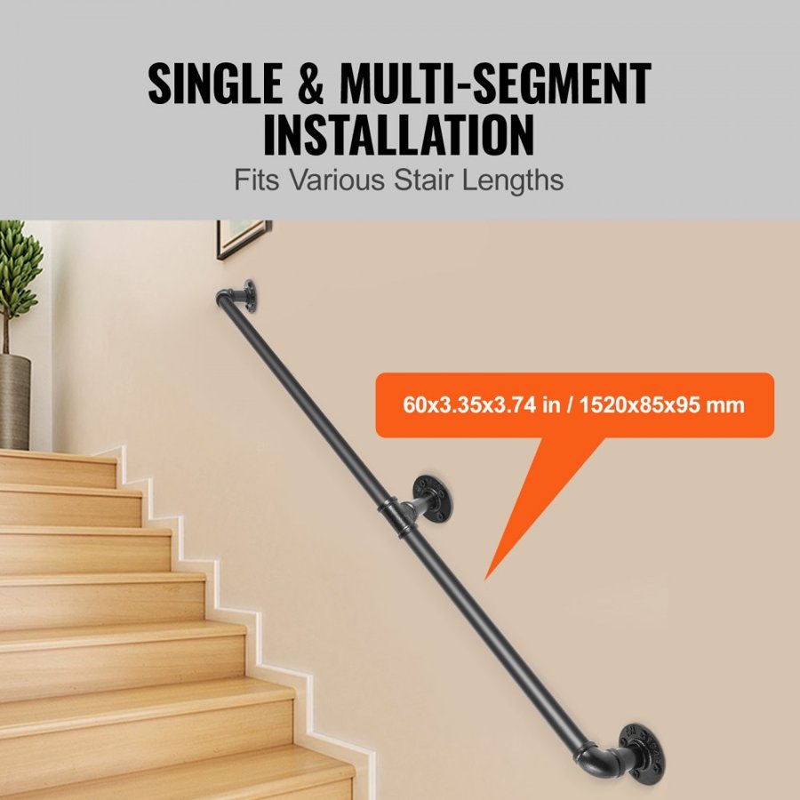 VEVOR Pipe Stair Handrail, 152.4 cm Staircase Handrail, 199.6 kg Load Capacity Carbon Steel Pipe Handrail, Industrial Pipe Handrail with Wall Mount Support, Round Corner Wall Handrailings for Indoor, Outdoor