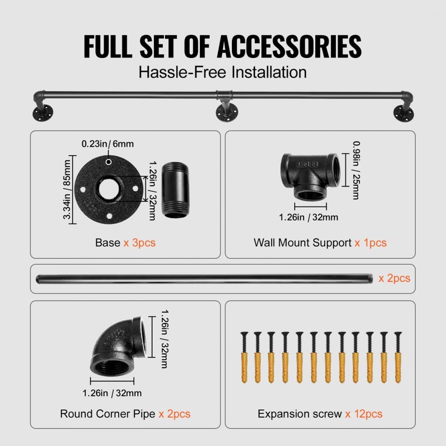 VEVOR Pipe Stair Handrail, 182.9 cm Staircase Handrail, 199.6 kg Load Capacity Carbon Steel Pipe Handrail, Industrial Pipe Handrail with Wall Mount Support, Round Corner Wall Handrailings for Indoor, Outdoor