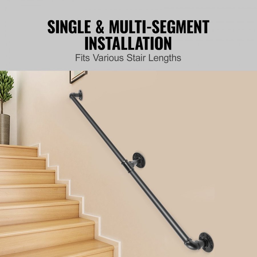 VEVOR Pipe Stair Handrail, 182.9 cm Staircase Handrail, 199.6 kg Load Capacity Carbon Steel Pipe Handrail, Industrial Pipe Handrail with Wall Mount Support, Round Corner Wall Handrailings for Indoor, Outdoor