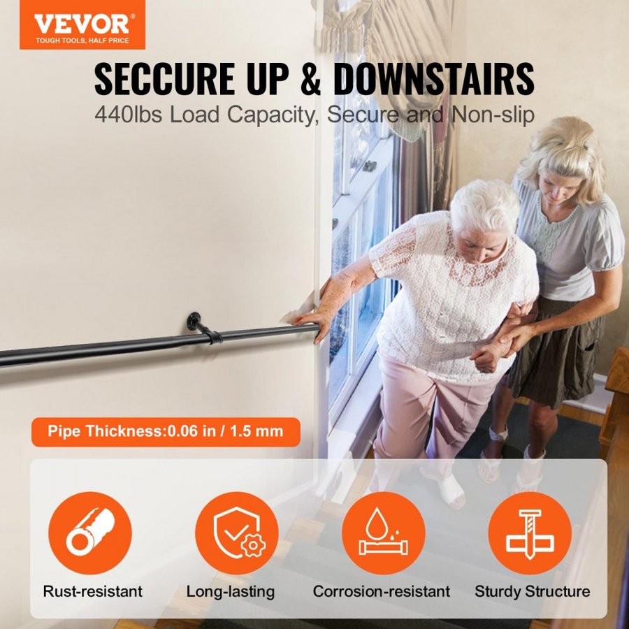 VEVOR Pipe Stair Handrail, 213.4 cm Staircase Handrail, 199.6 kg Load Capacity Carbon Steel Pipe Handrail, Industrial Pipe Handrail with Wall Mount Support, Round Corner Wall Handrailings for Indoor, Outdoor