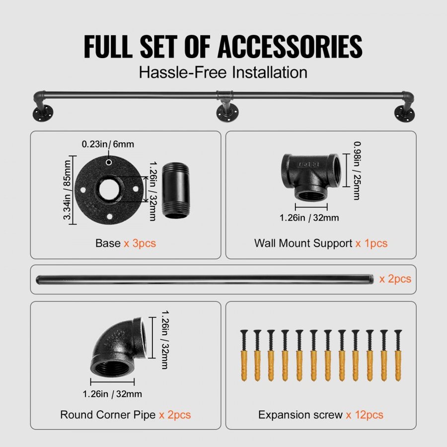 VEVOR Pipe Stair Handrail, 213.4 cm Staircase Handrail, 199.6 kg Load Capacity Carbon Steel Pipe Handrail, Industrial Pipe Handrail with Wall Mount Support, Round Corner Wall Handrailings for Indoor, Outdoor