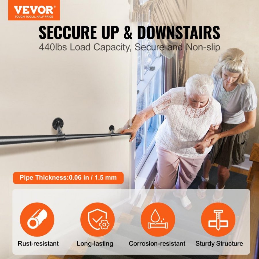 VEVOR Pipe Stair Handrail, 243.8 cm Staircase Handrail, 199.6 kg Load Capacity Carbon Steel Pipe Handrail, Industrial Pipe Handrail with Wall Mount Support, Round Corner Wall Handrailings for Indoor, Outdoor