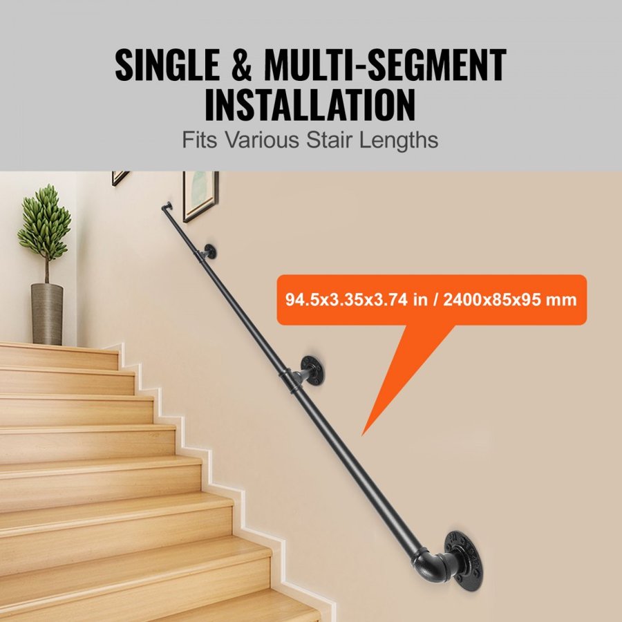 VEVOR Pipe Stair Handrail, 243.8 cm Staircase Handrail, 199.6 kg Load Capacity Carbon Steel Pipe Handrail, Industrial Pipe Handrail with Wall Mount Support, Round Corner Wall Handrailings for Indoor, Outdoor