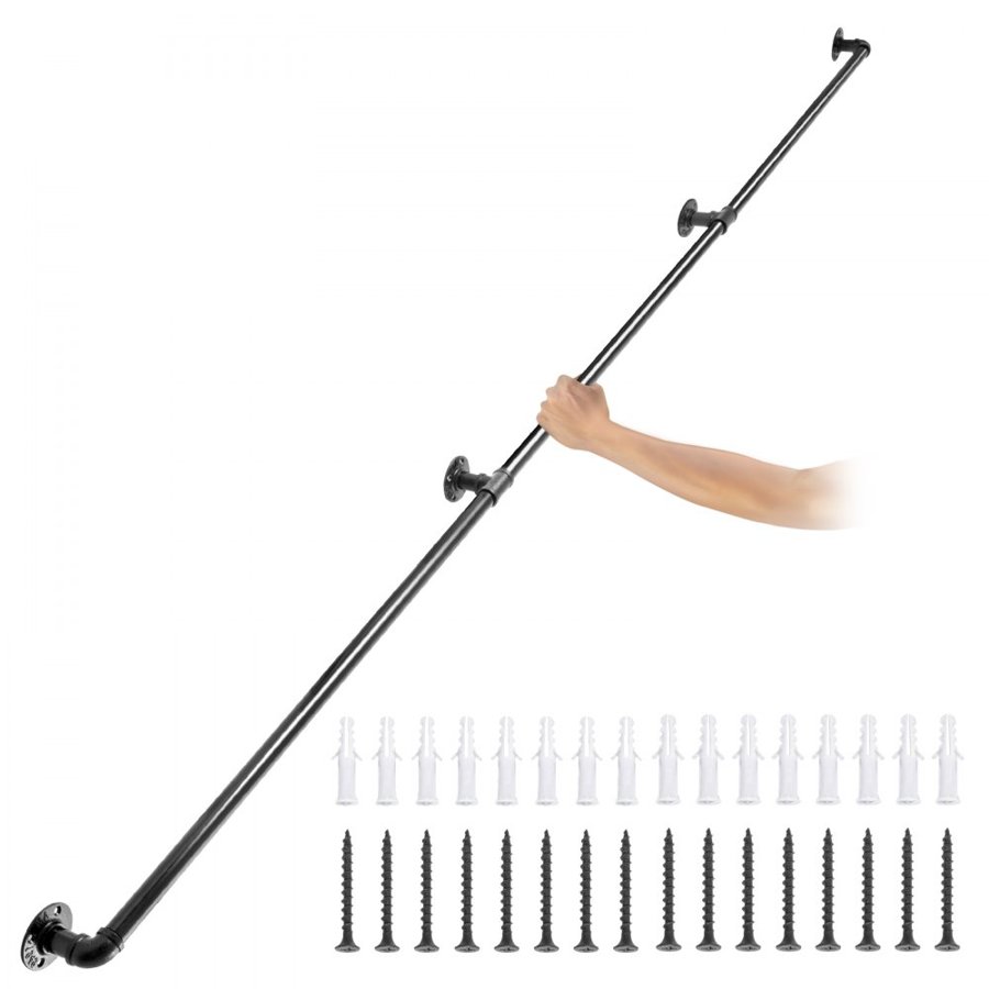 VEVOR Pipe Stair Handrail, 274.3 cm Staircase Handrail, 199.6 kg Load Capacity Carbon Steel Pipe Handrail, Industrial Pipe Handrail with Wall Mount Support, Round Corner Wall Handrailings for Indoor, Outdoor