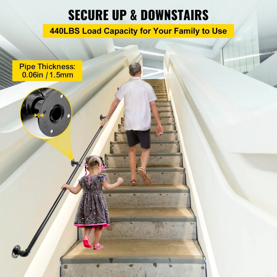 VEVOR Pipe Stair Handrail, 274.3 cm Staircase Handrail, 199.6 kg Load Capacity Carbon Steel Pipe Handrail, Industrial Pipe Handrail with Wall Mount Support, Round Corner Wall Handrailings for Indoor, Outdoor