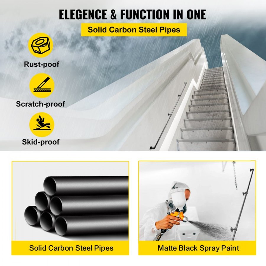 VEVOR Pipe Stair Handrail, 274.3 cm Staircase Handrail, 199.6 kg Load Capacity Carbon Steel Pipe Handrail, Industrial Pipe Handrail with Wall Mount Support, Round Corner Wall Handrailings for Indoor, Outdoor