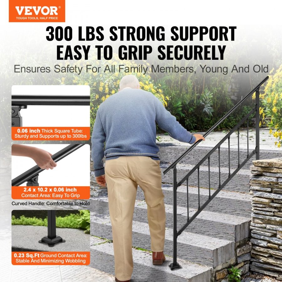 VEVOR Outdoor Stair Railing, Fits for 1-4 Steps Transitional Wrought Iron Handrail, Adjustable Exterior Stair Railing, Handrails for Concrete Steps with Installation Kit, Matte Black Outdoor Handrail