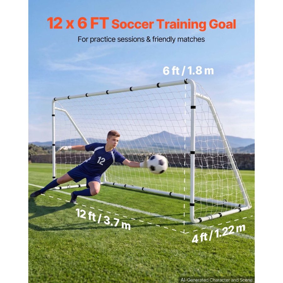 VEVOR Soccer Goal 3.66 x 1.83 m Soccer Goal for Backyard with Iron Frame PE Net, Portable & Durable Set, High-Strength Net, Ground Stakes, Straps, for Youth & Adults Outdoor Backyard Practice Training