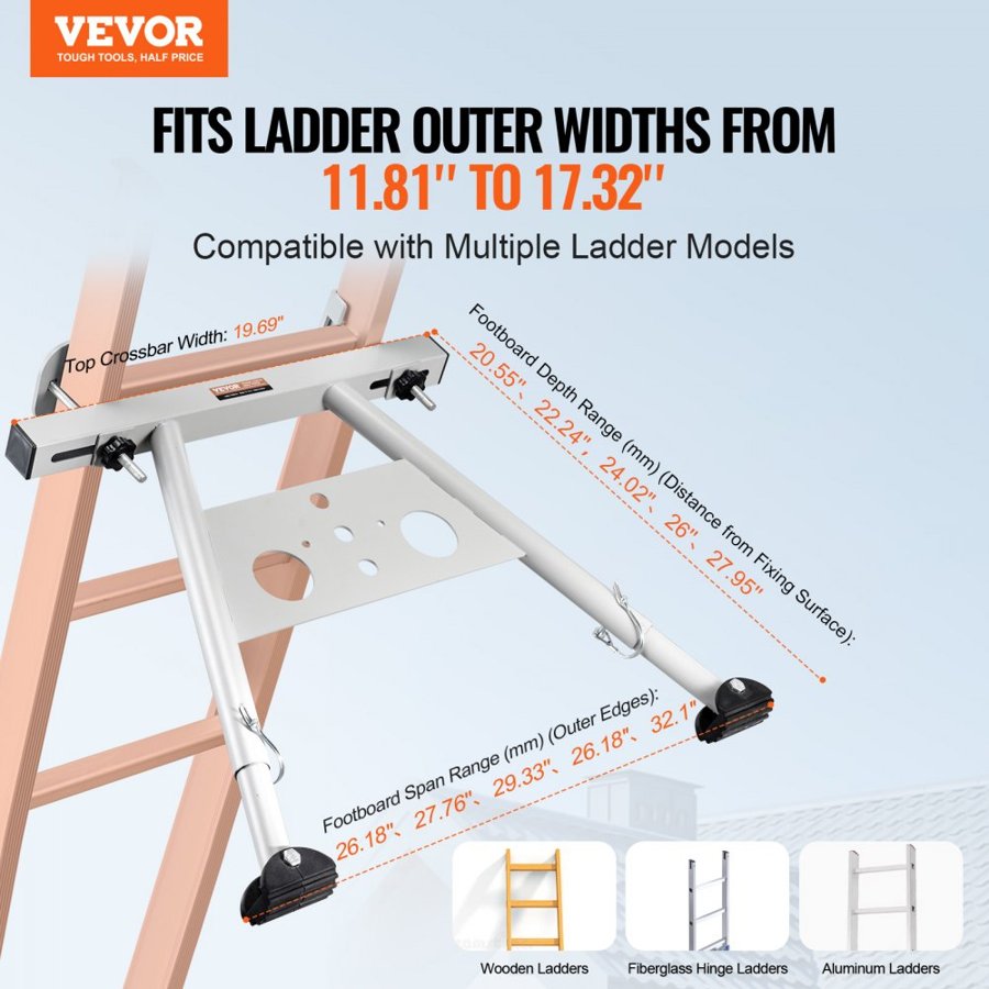 VEVOR Ladder Stabilizer, Adjustable Feet Extension Ladder Standoff, Heavy Duty Wall Ladder Accessories for Roof Gutter, Easy to Use & Wide Adaptability & Anti-slip Rubber Feet, 330 lbs Weight Rating