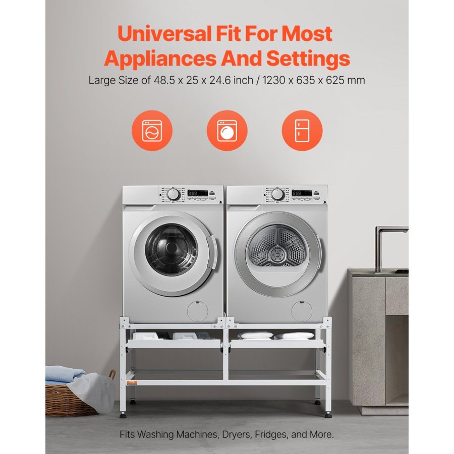VEVOR Washing Machine Stand, 48.5x25-Inch Washer Laundry Pedestal, 590LBS Load Capacity Washer And Dryer Pedestal Base with Double Trays, 4 Adjustable Feet for Lifting Washing Machines, Carbon Steel