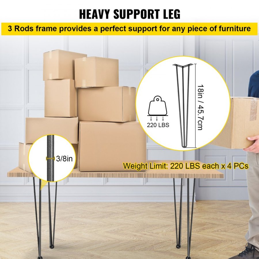 VEVOR Hairpin Table Legs 45.7 cm Black Set of 4 Desk Legs Each 99.8 kg Capacity Hairpin Desk Legs 3 Rods for Bench Desk Dining End Table Chairs Carbon Steel DIY Table Legs Heavy Duty Furniture Legs