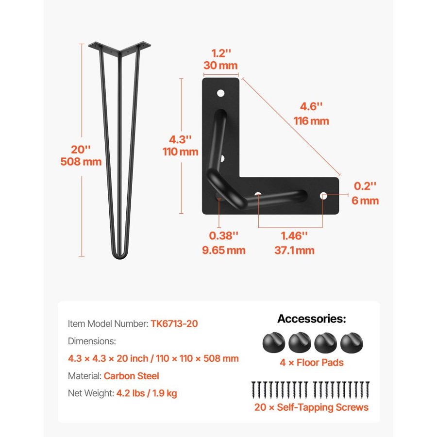 VEVOR Hairpin Table Legs 50.8 cm Black Set of 4 Desk Legs Each 99.8 kg Capacity Hairpin Desk Legs 3 Rods for Bench Desk Dining End Table Chairs Carbon Steel DIY Table Legs Heavy Duty Furniture Legs