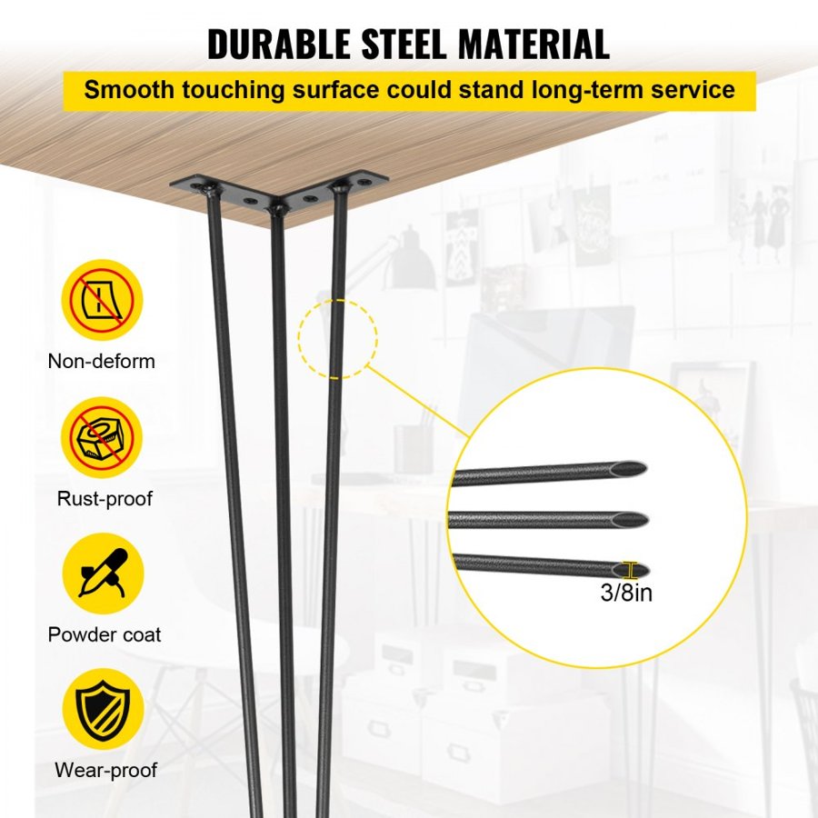 VEVOR Hairpin Table Legs 61 cm Black Set of 4 Desk Legs Each 99.8 kg Capacity Hairpin Desk Legs 3 Rods for Bench Desk Dining End Table Chairs Carbon Steel DIY Table Legs Heavy Duty Furniture Legs