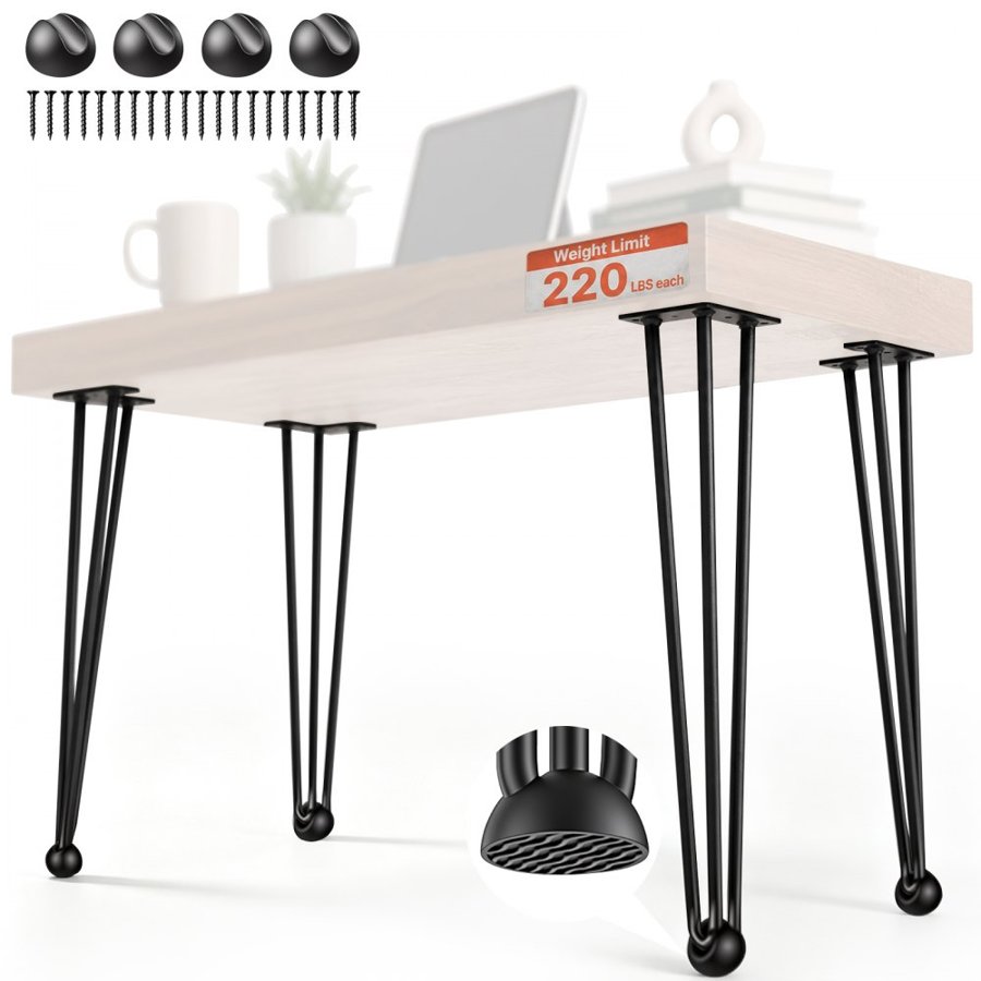 VEVOR Hairpin Table Legs 71.1 cm Black Set of 4 Desk Legs Each 99.8 kg Capacity Hairpin Desk Legs 3 Rods for Bench Desk Dining End Table Chairs Carbon Steel DIY Table Legs Heavy Duty Furniture Legs