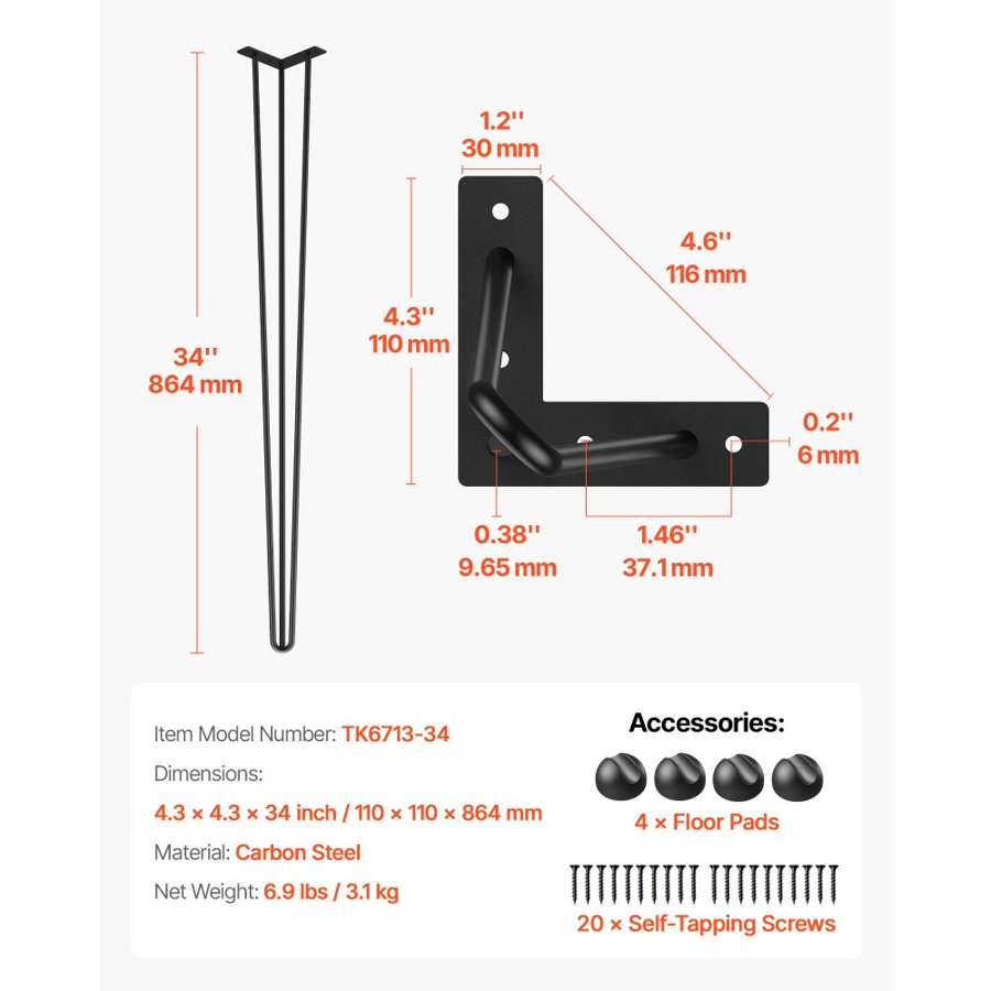 VEVOR Hairpin Table Legs 86.4 cm Black Set of 4 Desk Legs Each 99.8 kg Capacity Hairpin Desk Legs 3 Rods for Bench Desk Dining End Table Chairs Carbon Steel DIY Table Legs Heavy Duty Furniture Legs