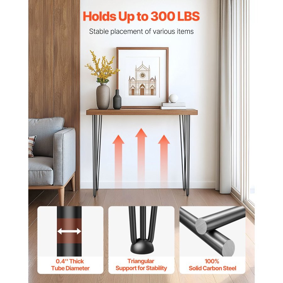 VEVOR Hairpin Table Legs 86.4 cm Black Set of 4 Desk Legs Each 99.8 kg Capacity Hairpin Desk Legs 3 Rods for Bench Desk Dining End Table Chairs Carbon Steel DIY Table Legs Heavy Duty Furniture Legs