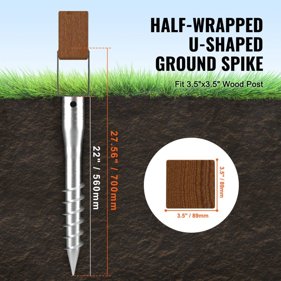 VEVOR No Dig Ground Anchor, 4 Pack 3.94 x 2.76 x 27.56 in/10 x 7 x 70 cm DIY Screw in Post Stake, Includes 6 Lag Bolts & a Rebar, U-Shape Heavy Duty Steel Post Holder, Great for Mailbox Posts and Fence Posts