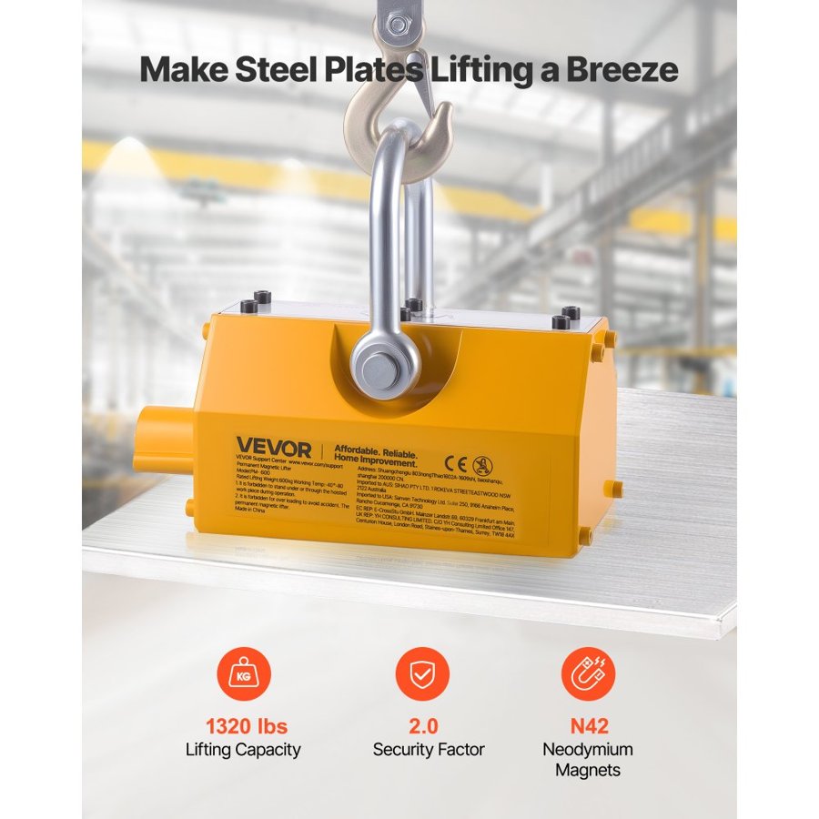 VEVOR Permanent Magnetic Lifter – 1320 lbs, N42 Magnet