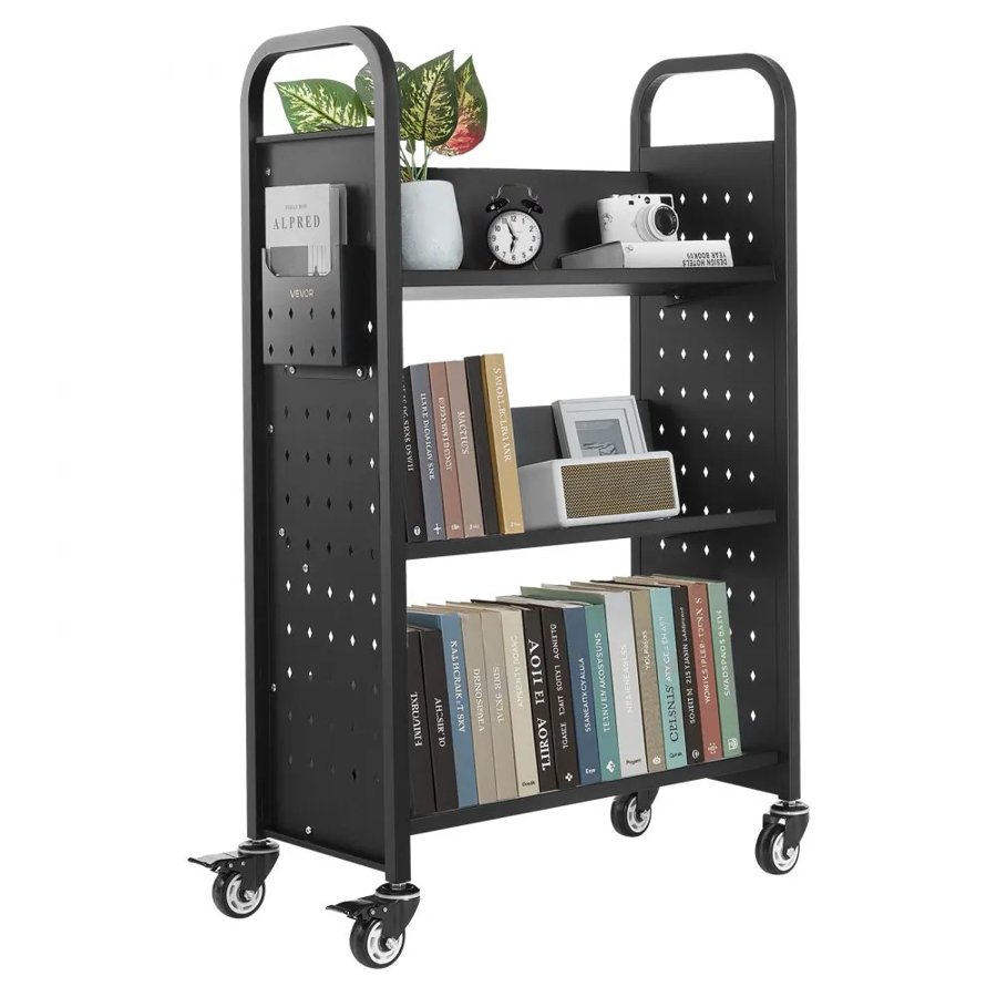 VEVOR Rolling Library Book Cart, 150 kg Capacity, 77 x 38 x 122 cm Library Cart, Single Sided V-Shaped Shelves with 76.2 mm Lockable Wheels, Book Truck for Home Shelves Office and School, Black