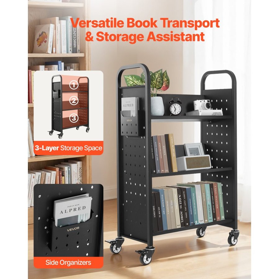VEVOR Rolling Library Book Cart, 150 kg Capacity, 77 x 38 x 122 cm Library Cart, Single Sided V-Shaped Shelves with 76.2 mm Lockable Wheels, Book Truck for Home Shelves Office and School, Black