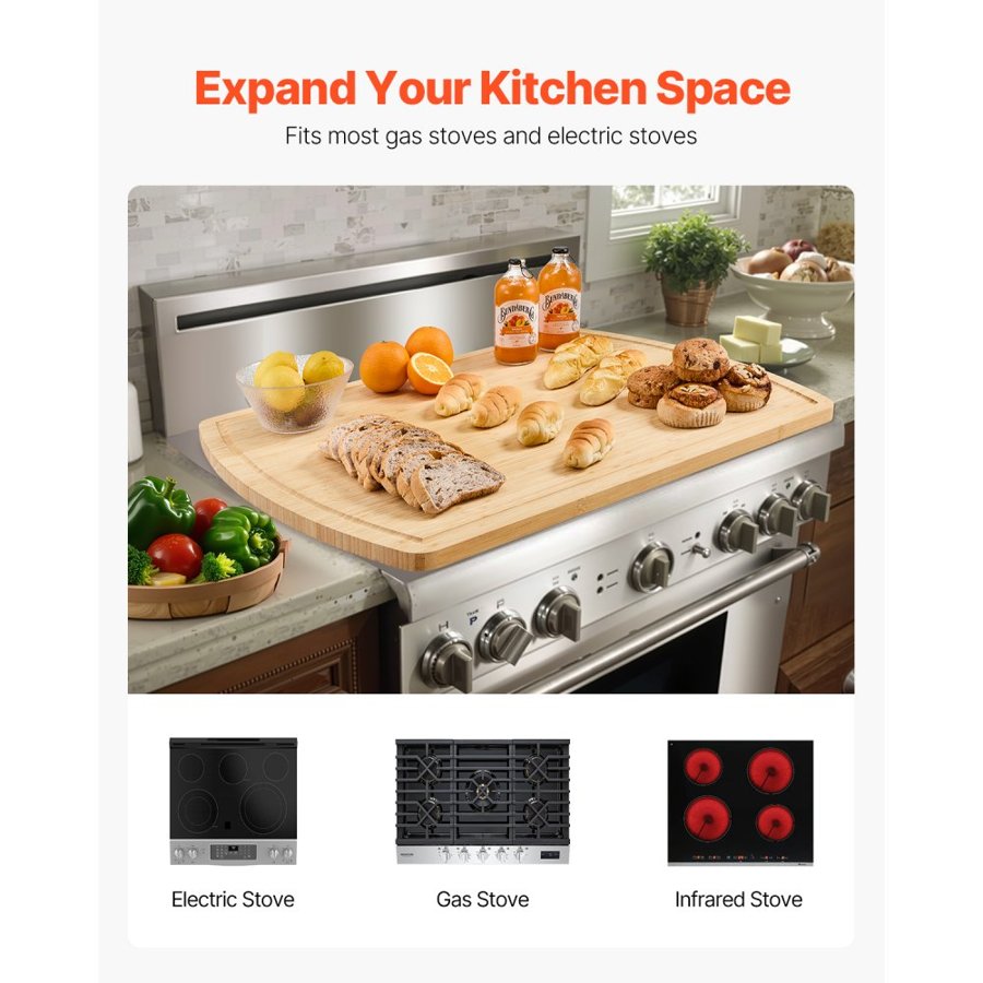 VEVOR Noodle Board Stove Cover, Stove Top Cover Board for Gas Burner & Electric Stove, Bamboo Wood Cutting Board with Juice Grooves, RV Stovetop/ Kitchen Sink Cover for Counter Space & Tray, Natural