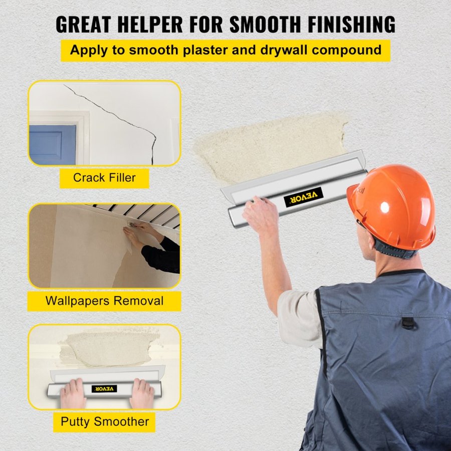 VEVOR Drywall Skimming Blade, 24inch Smoothing Knock-Down Knife, Stainless Steel Putty Knife Finishing Tool, High-Impact End Caps for Sheetrock Drywall Gyprock Wall-Board Plasterboard