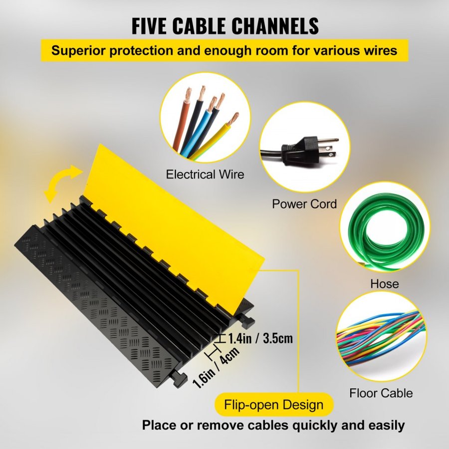 VEVOR 5 Channel Rubber Cable Protectors Extreme Cable Ramps 29937.1 kg Heavy Duty 5 Slots Protective Cable Wire Cord Ramp Driveway Rubber Traffic Speed Bumps 88.9x50.8x5cm