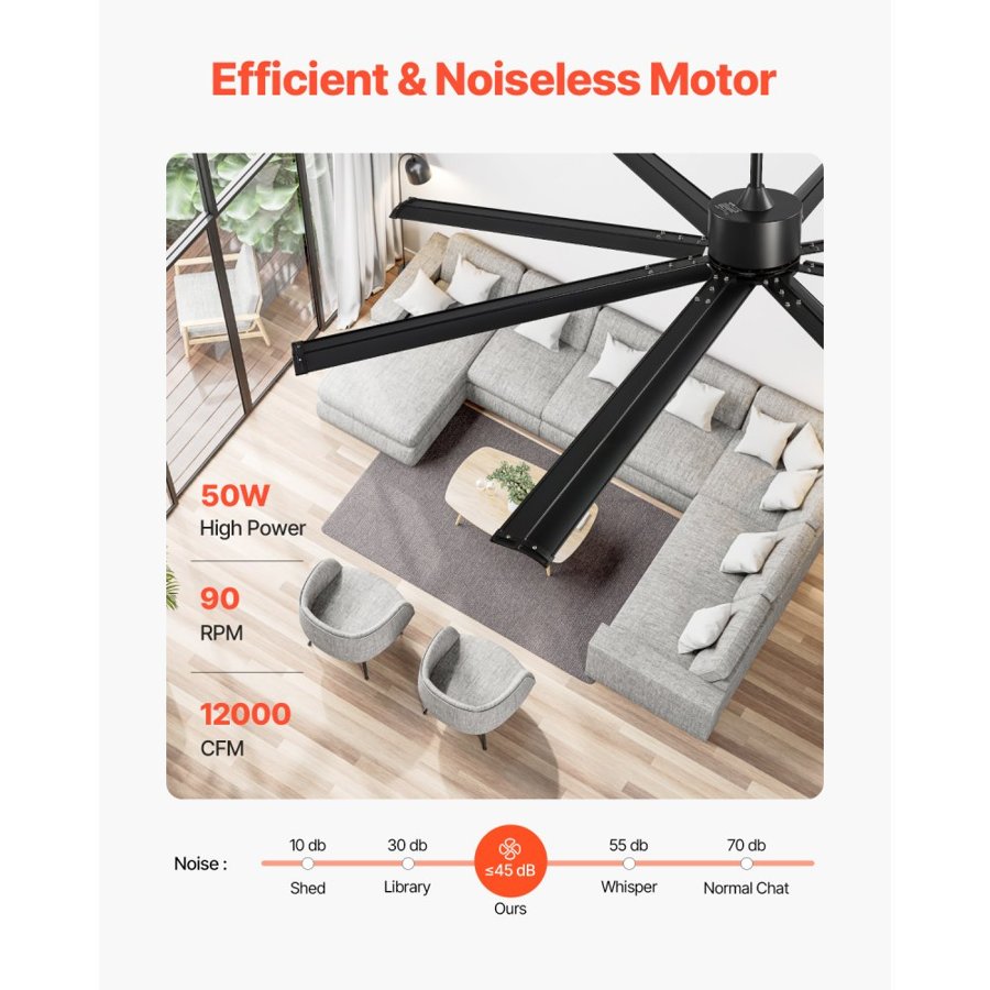 VEVOR 8 Blade Ceiling Fan with Remote – 214cm, 53W DC Motor