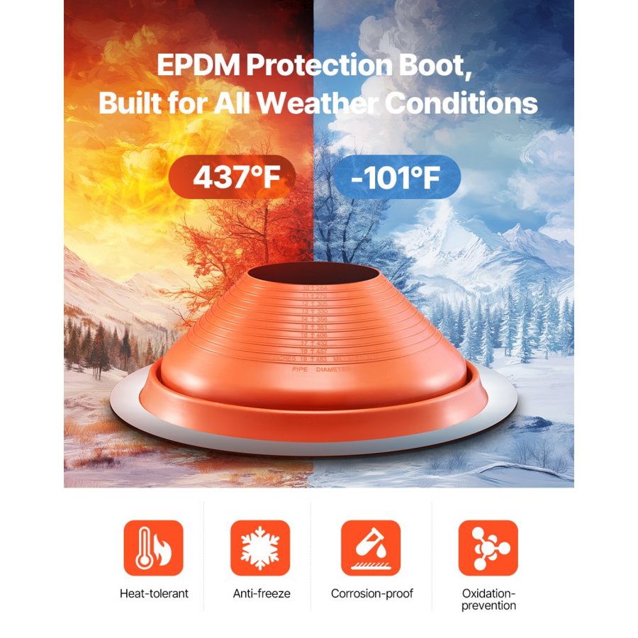 VEVOR Roof Pipe Flashing Boot, Fit Pipe OD 10" to 19", Flexible Silicone Roofing Jack Pipe Flashing, High Temp -101℉ to 437℉, Lasting Round Red Metal Base, for Chimney, Wood Stove & Outdoor Vent Pipe