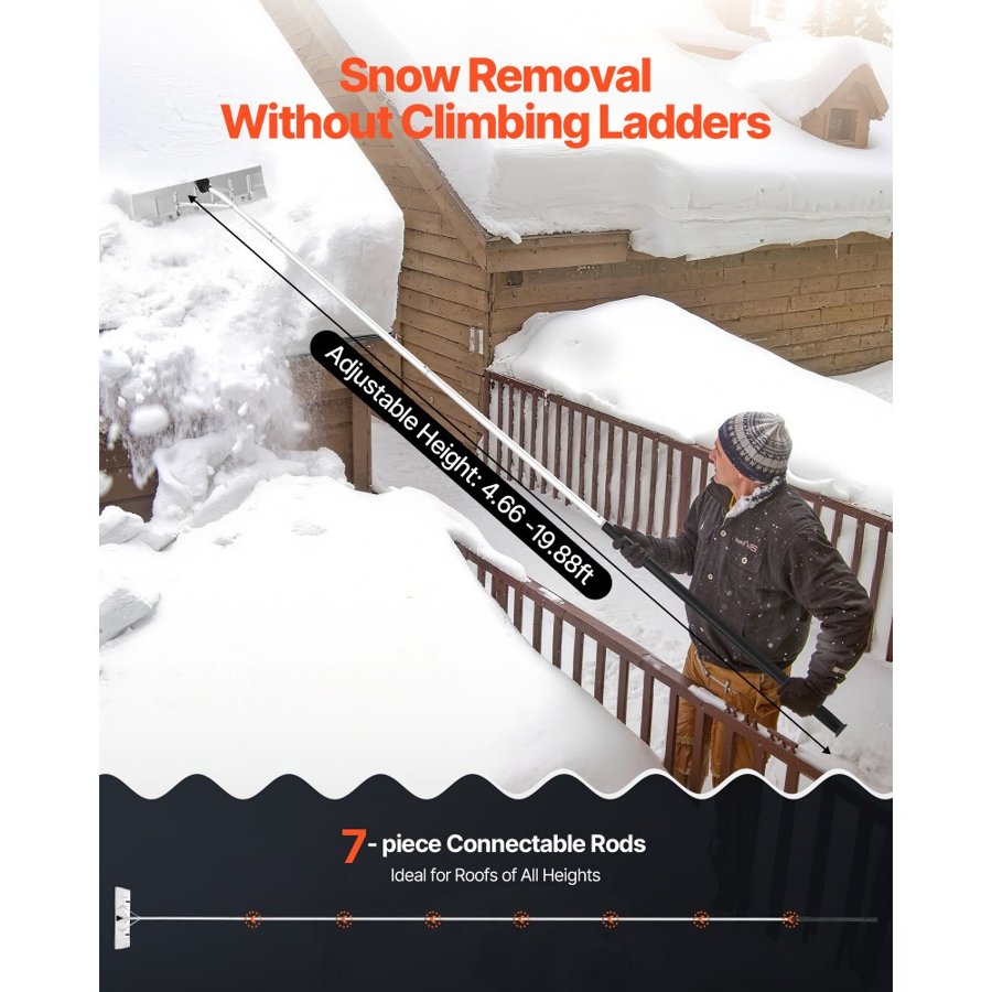 VEVOR Snow Roof Rake, 66 cm Aluminum Blade, 2.3-6 m Adjustable Roof Snow Scraper with Wheels, Anti-Slip Handle Snows Removal Tool, Lightweight House Rooftop Rake for Leaves Debris Removal