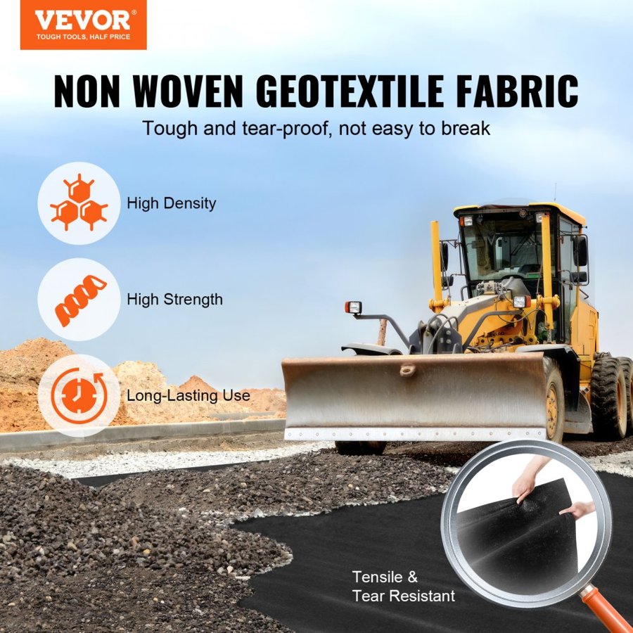 VEVOR Non Woven Geotextile Fabric Under Gravel, 1.2 x 30.5 m 226.8 g Driveway Fabric Landscape Fabric, Heavy Duty Weed Barrier Fabric, Ground Cover Weed Control Fabric, French Drains Drainage Fabric, Black