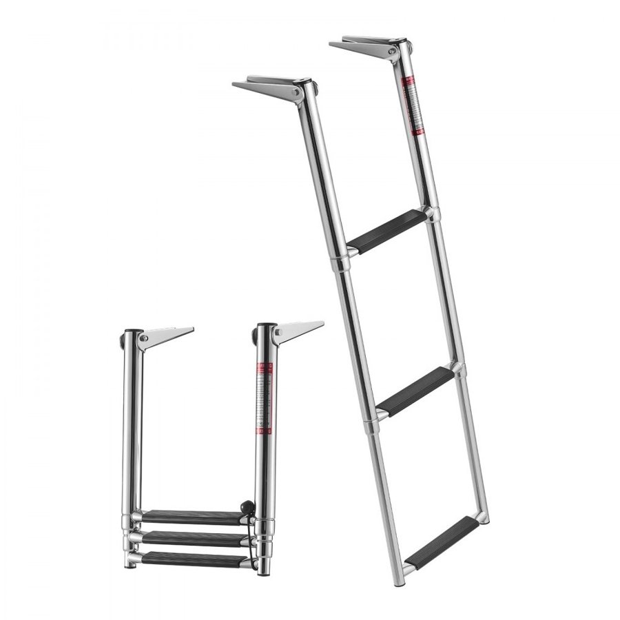 VEVOR Boat Ladder, 3 Steps, Stainless Steel Telescoping Folding Swim Deck Ladder for Rear Entry Inboard, Heavy Duty 272.16 kg Capacity with Wide Anti-Slip Steps, for Outboards, Yacht, Pontoon Boats