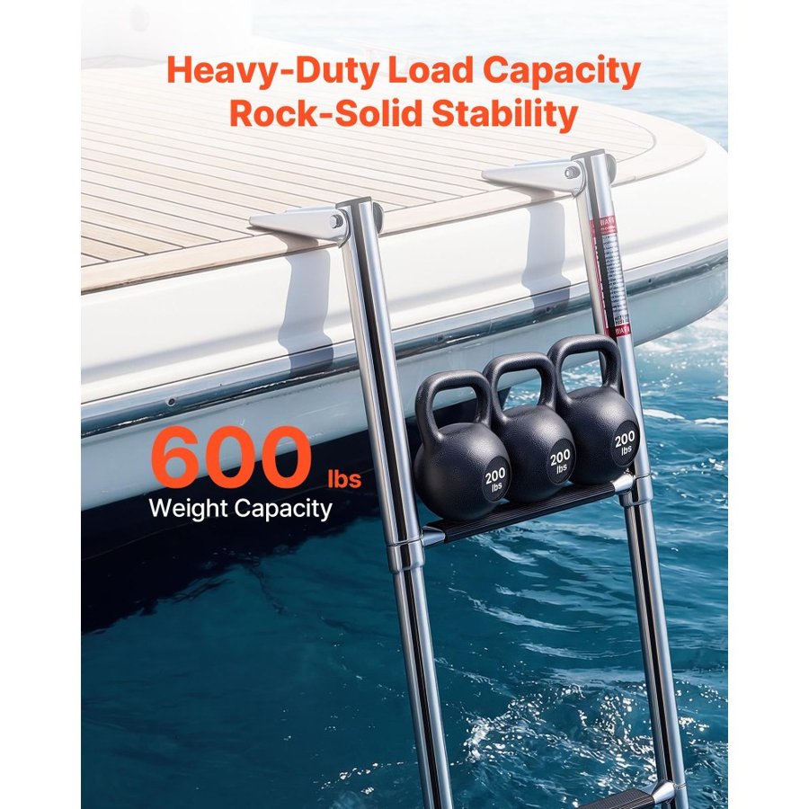 VEVOR Boat Ladder, 3 Steps, Stainless Steel Telescoping Folding Swim Deck Ladder for Rear Entry Inboard, Heavy Duty 272.16 kg Capacity with Wide Anti-Slip Steps, for Outboards, Yacht, Pontoon Boats