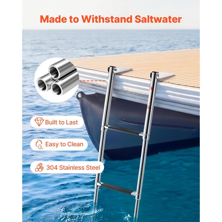 VEVOR Boat Ladder, 4 Steps, Stainless Steel Telescoping Folding Swim Deck Ladder for Rear Entry Inboard, Heavy Duty 408.23 kg Capacity with Wide Anti-Slip Steps, for Outboards, Yacht, Pontoon Boats
