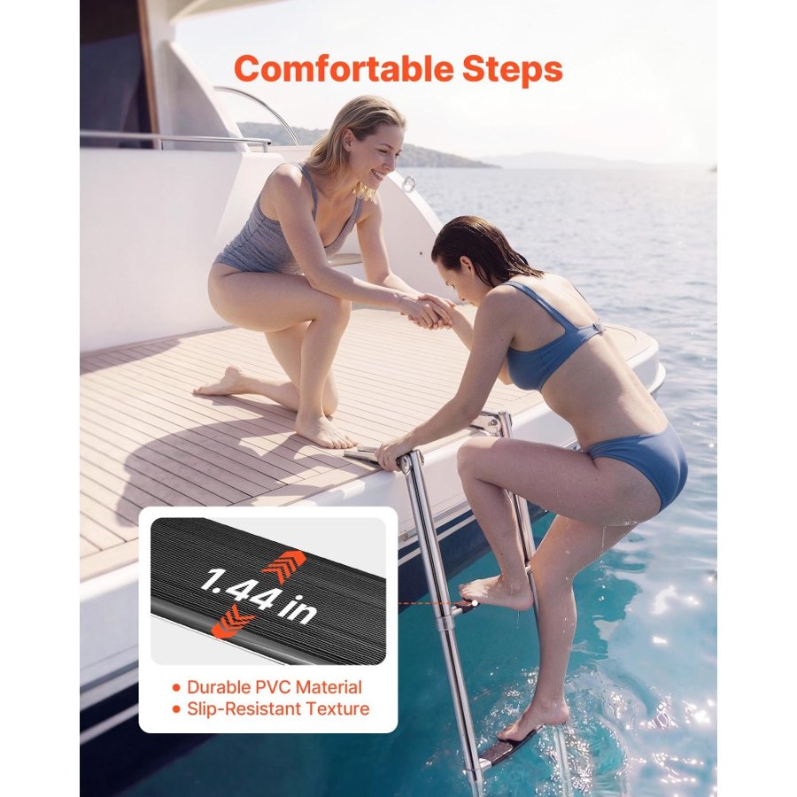 VEVOR Boat Ladder, 4 Steps, Stainless Steel Telescoping Folding Swim Deck Ladder for Rear Entry Inboard, Heavy Duty 408.23 kg Capacity with Wide Anti-Slip Steps, for Outboards, Yacht, Pontoon Boats