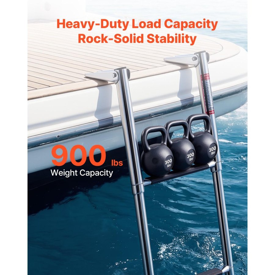 VEVOR Boat Ladder, 4 Steps, Stainless Steel Telescoping Folding Swim Deck Ladder for Rear Entry Inboard, Heavy Duty 408.23 kg Capacity with Wide Anti-Slip Steps, for Outboards, Yacht, Pontoon Boats