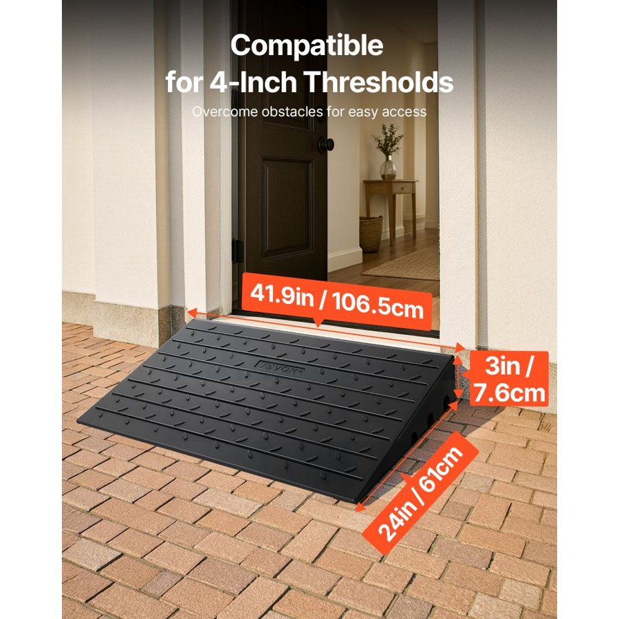 VEVOR Rubber Threshold Ramp, 3" Rise Threshold Ramp Doorway, 3 Channels Cord Cover Rubber Solid Threshold Ramp, Rubber Angled Entry Rated 2200 Lbs Load Capacity for Wheelchair and Scooter