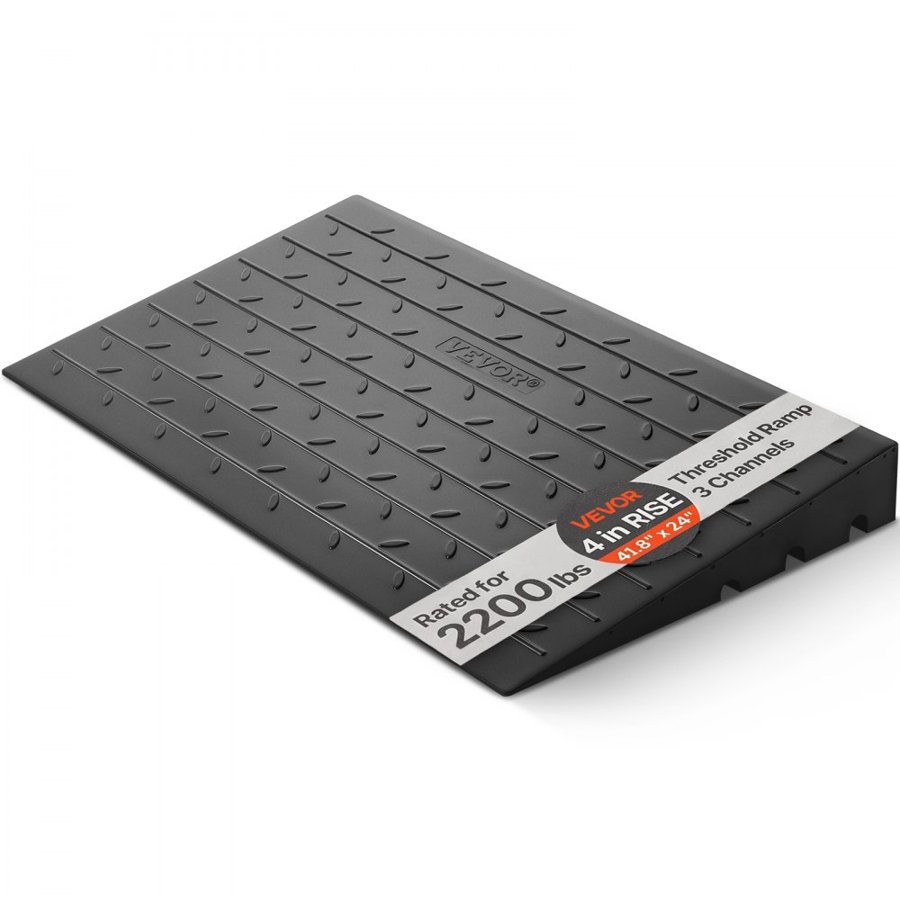 VEVOR Rubber Threshold Ramp, 4\" Rise Threshold Ramp Doorway, 3 Channels Cord Cover Rubber Solid Threshold Ramp, Rubber Angled Entry Rated 2200 Lbs Load Capacity for Wheelchair and Scooter
