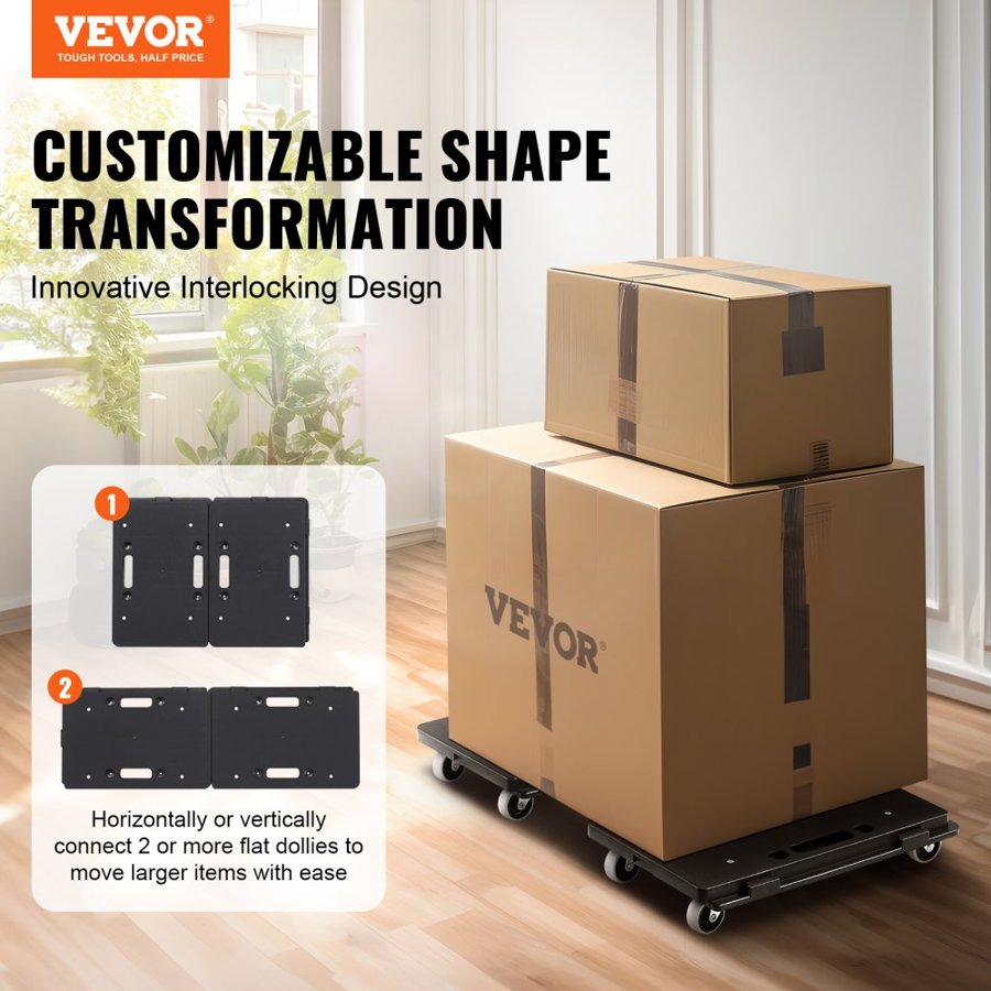 VEVOR Furniture Dolly, 226.8 kg Capacity Each Count, Furniture Mover with Wheels, Portable Moving Rollers 4 Wheels Heavy Duty, Small Flat Dolly Cart with Interlocking for Heavy Furniture, 2 Pack, Black